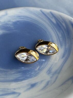 Vintage Monet Gold Tone and Marquise Cut Crystal Clip On Earrings